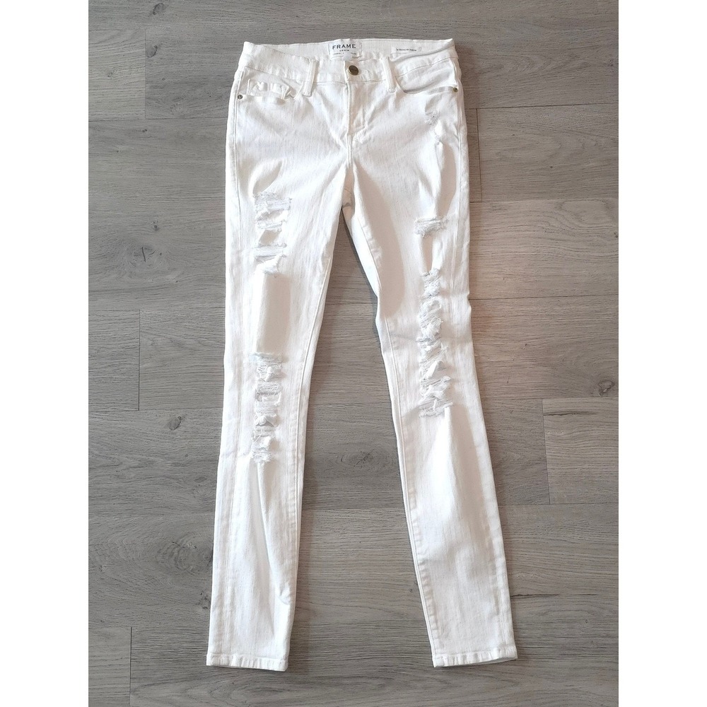 FRAME Denim Le Skinny De‎ Jeanne Mid Rise Distressed White USA Jeans